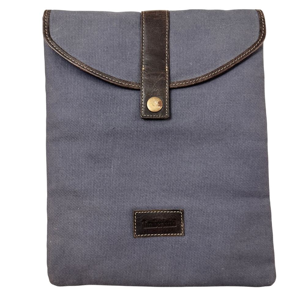 Timberland iPad Sleeve Navy Blue Waxed Canvas Brown Leather Trim Snap Button